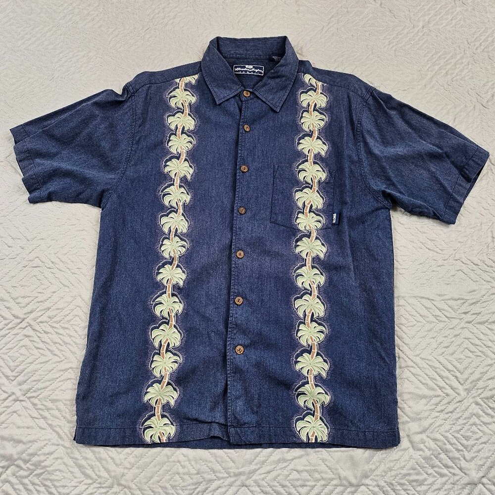 Honolua Surfco Shirt Mens L Blue Hawaiian Short Sleeve Casual Palm Tree